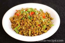 The method of stir frying minced meat with sour beans