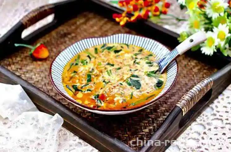 The recipe for shrimp skin, spinach, and egg soup