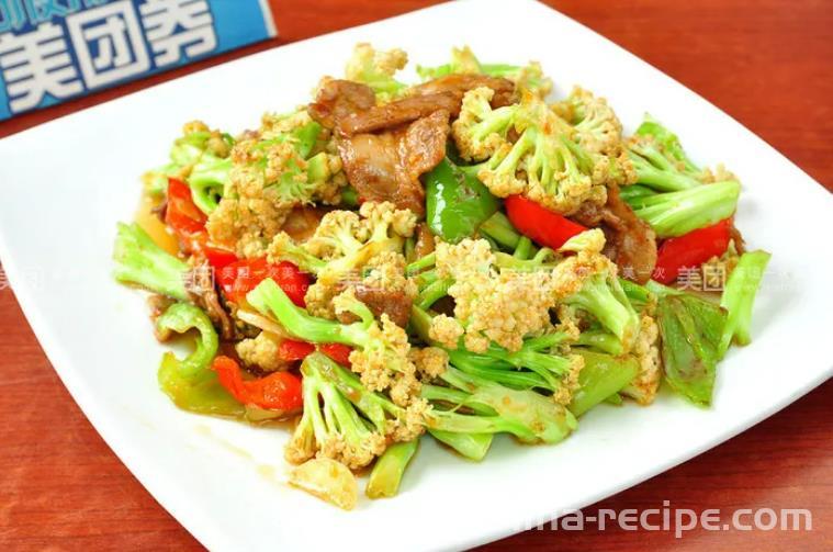 The method of stir frying meat with organic cauliflower